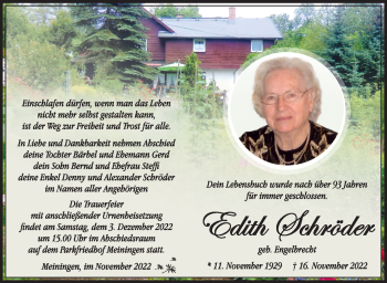 Traueranzeige von Edith Schröder von Südthüringer Presse