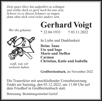 Traueranzeige von Gerhard Voigt von Südthüringer Presse