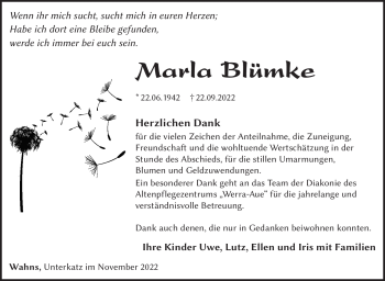 Traueranzeige von Marla Blümke von Südthüringer Presse