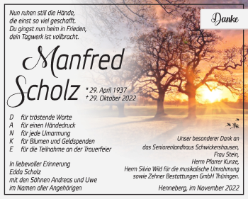 Traueranzeige von Manfred Scholz von Südthüringer Presse