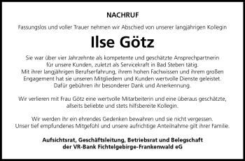Traueranzeige von Ilse Götz von Frankenpost