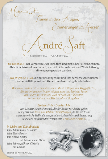 Traueranzeige von Andre Saft von Südthüringer Presse