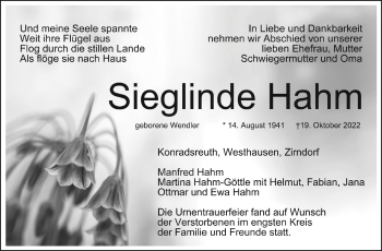 Traueranzeige von Sieglinde Hahm von Frankenpost