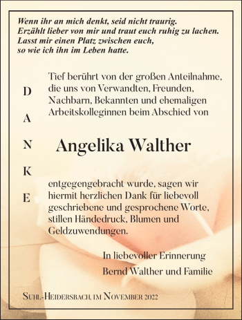 Traueranzeige von Angelika Walther von Südthüringer Presse