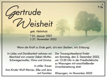 Traueranzeige von Gertrude Weisheit von Südthüringer Presse