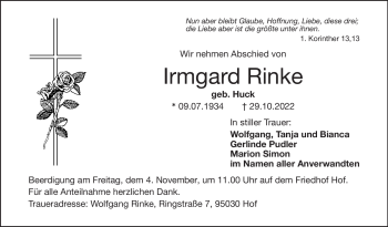 Traueranzeige von Irmgard Rinke von Frankenpost