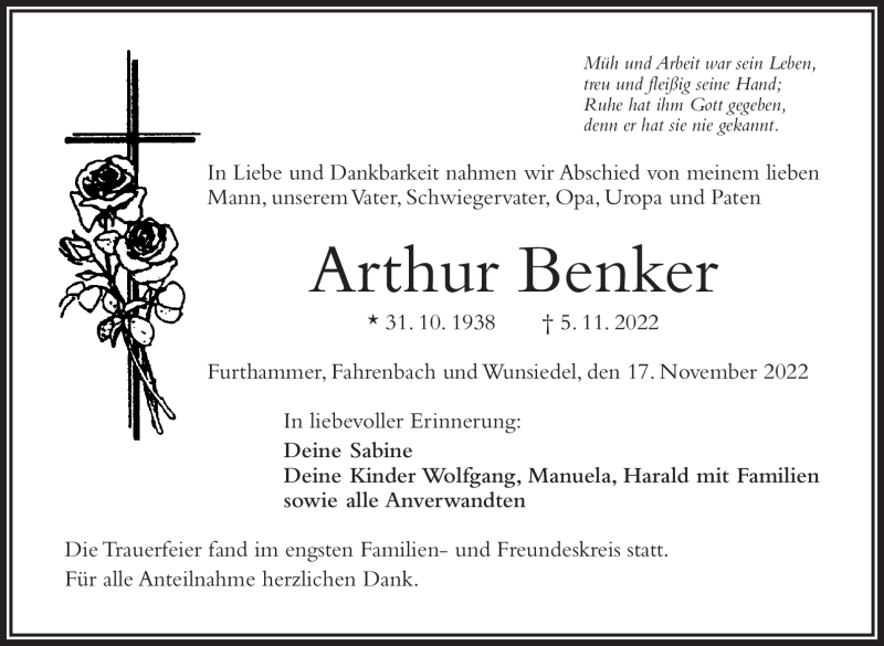  Traueranzeige für Arthur Benker vom 17.11.2022 aus Frankenpost