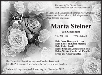 Traueranzeige von Marta Steiner von Südthüringer Presse