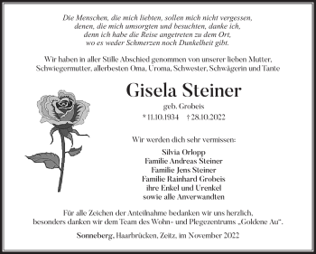 Traueranzeige von Gisela Steiner von Südthüringer Presse