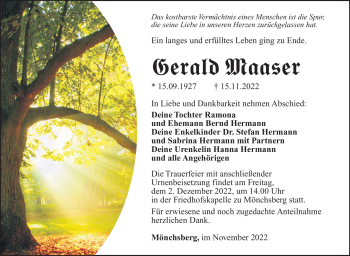 Traueranzeige von Gerald Maaser von Südthüringer Presse