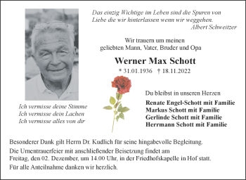 Traueranzeige von Werner Max Schott von Frankenpost