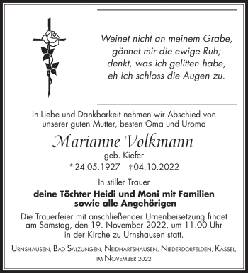 Traueranzeige von Marianne Volkmann von Südthüringer Presse
