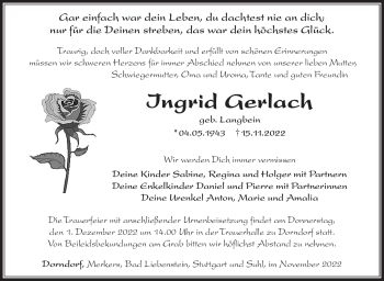 Traueranzeige von Ingeid Gerlach von Südthüringer Presse