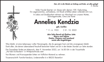 Traueranzeige von Annelies Kendzia von Südthüringer Presse