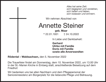 Traueranzeige von Annette Steiner von Neue Presse Coburg