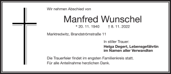 Traueranzeige von Manfred Wunschel von Frankenpost