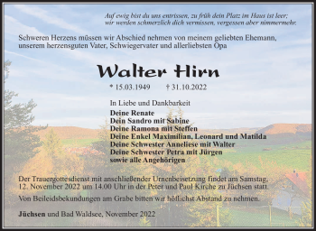 Traueranzeige von Walter Hirn von Südthüringer Presse