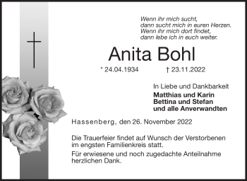 Traueranzeige von Anita Bohl von Neue Presse Coburg