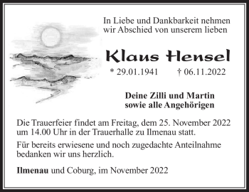 Traueranzeige von Klaus Hensel von Südthüringer Presse