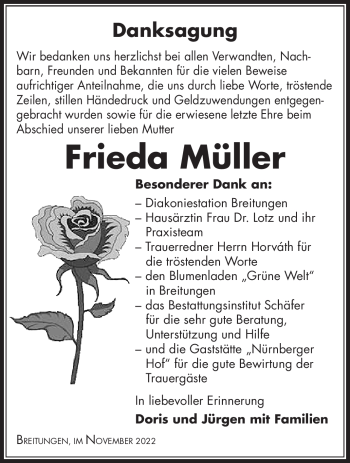 Traueranzeige von Frieda Müller von Südthüringer Presse