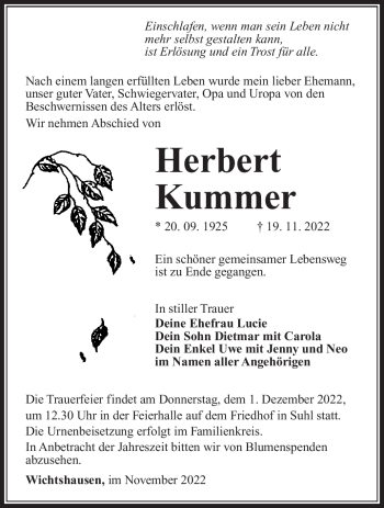Traueranzeige von Herbert Kummer von Südthüringer Presse