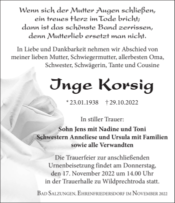 Traueranzeige von Inge Korsig von Südthüringer Presse