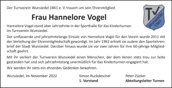 Traueranzeige von Hannelore Vogel von Frankenpost
