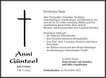 Traueranzeige von Anni Güntzel von Südthüringer Presse