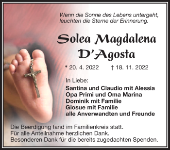 Traueranzeige von Solea Magdalena D´Agosta von Frankenpost