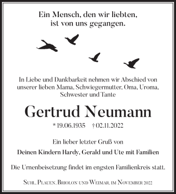 Traueranzeige von Gertrud Neumann von Südthüringer Presse