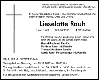 Traueranzeige von Lieselotte Rauh von Neue Presse Coburg