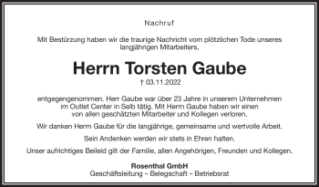 Traueranzeige von Torsten Gaube von Frankenpost