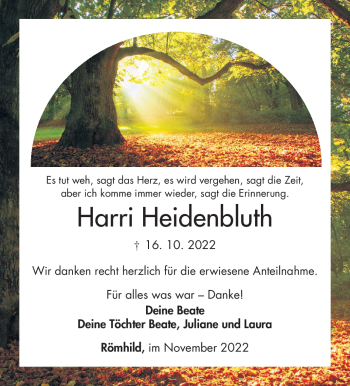 Traueranzeige von Harri Heidenbluth von Südthüringer Presse