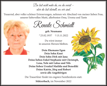 Traueranzeige von Renate Schmidt von Südthüringer Presse