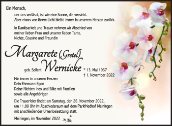 Traueranzeige von Margarete Wernicke von Südthüringer Presse