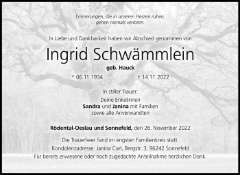 Traueranzeige von Ingrid Schwämmlein von Neue Presse Coburg