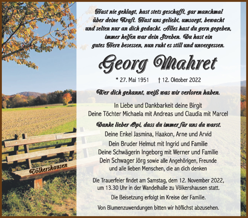  Traueranzeige für Georg Mahret vom 05.11.2022 aus Südthüringer Presse