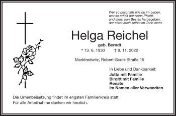 Traueranzeige von Helga Reichel von Frankenpost