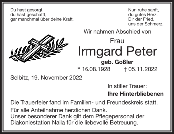 Traueranzeige von Irmgard Peter von Frankenpost
