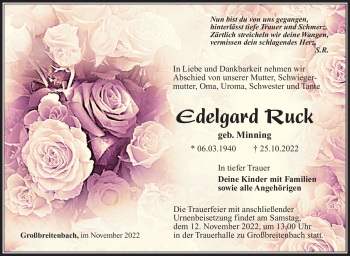 Traueranzeige von Edelgard Ruck von Südthüringer Presse