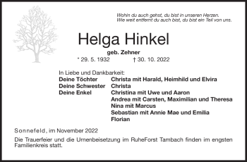 Traueranzeige von Helga Hinkel von Neue Presse Coburg