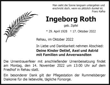 Traueranzeige von Ingeborg Roth von Frankenpost
