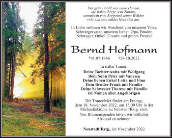 Traueranzeige von Bernd Hofmann von Südthüringer Presse
