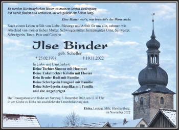 Traueranzeige von Ilse Binder von Südthüringer Presse