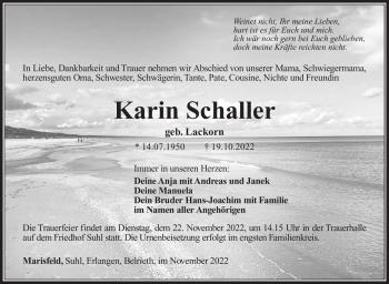 Traueranzeige von Karin Schaller von Südthüringer Presse