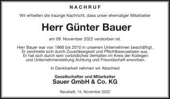 Traueranzeige von Günter Bauer von Neue Presse Coburg