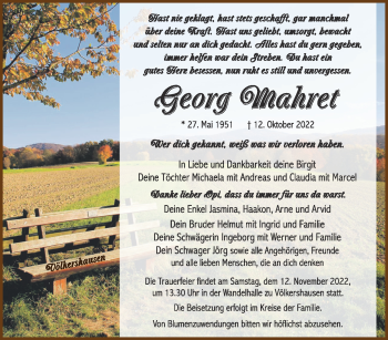 Traueranzeige von Georg Mahret von Südthüringer Presse