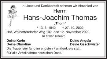 Traueranzeige von Hans-Joachim Thomas von Frankenpost