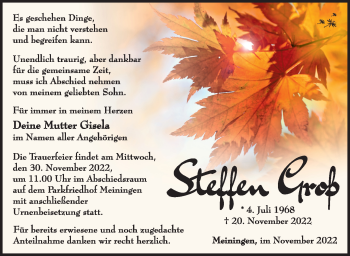 Traueranzeige von Steffen Groß von Südthüringer Presse