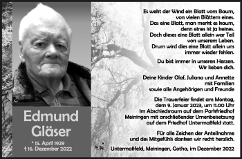 Traueranzeige von Edmund Gläser von Südthüringer Presse